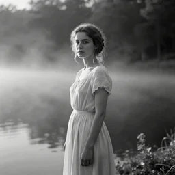 lake by Andrei Tarkovsky, lady in long dress, mist, lomography effect, photo, monochrome, photo blurring, 35mm