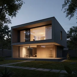 A beautiful realistic architectural rendering of a modern minimalistic house with a mysterious glow emitting from inside, by octane render and corona render