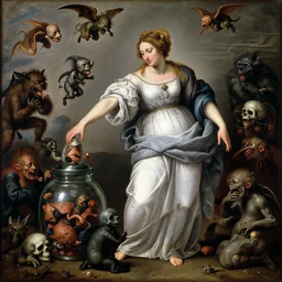 a painting of pandora opening her jar, releasing monsters and critters that impersonate sickness and death, misery, she is fully dressed, a masterpiece by artemisia gentileschi, critters flying around