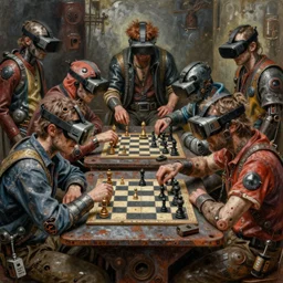 junky men play chess, cybertronic gadgets and vr helmet, durty colours, rotten textures, rusty shapes, hard surface, biotechnology, dariusz zawadzki, tim hildebrandt, wayne barlow, bruce pennington, larry elmore, oil on canvas, luminosity, deep depth field, masterpiece, cinematic composition, hyper - detailed, hd, hdr, 8 k