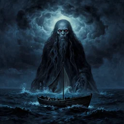 in the style of charlie bowater, dean cornwell, norman rockwell : : cthulhu rising from the ocean : : lighting, clouds, storm : : small boat : : night time : : lovecraftian : : cinematic lighting : :