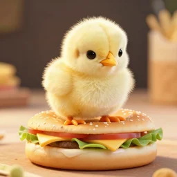 a small chick animal on a hamburger