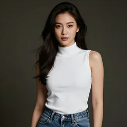 Woman in White Sleeveless turtleneck t-shirt and jeans