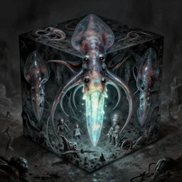 concept inks of glowing demon squid as cube by b wrightson, shigeru komatsuzaki, wayne d barlowe, alex ross, enric torres, simon bisley & boris vallejo, hyper realism, cinematical, narrative light, muted colors, epic, hyper detailed, awe inspiring, award winning horror,