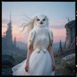 kodak portra 4 0 0 fine art portrait by paolo roversi of a dystopian woman hybrid white owl in a scenic dystopian environment, white hair floating in air, twilight, dreamy, elegant, highly detailed, digital art, artstation, smooth, sharp focus, tomasz alen kopera, donato giancola, matt colors