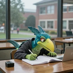 a bored pterodactyl studying in college on a rainy day