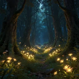 epic forest, night, glowing flowers, by Stanley Artgerm Lau, WLOP, Rossdraws, ArtStation, CGSociety, concept art, cgsociety, octane render, trending on artstation, artstationHD, artstationHQ, unreal engine, 4k, 8k, volumetric lighting