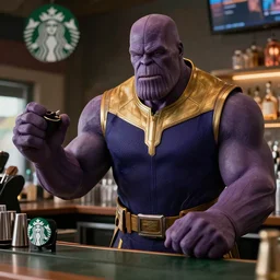 film still of Thanos working as a Starbucks barista in the new Marvel movie, 4k