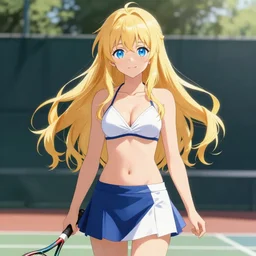 a very beautiful young anime tennis girl, full body, long wavy blond hair, sky blue eyes, full round face, short smile, bikini, miniskirt, front view, highly detailed, cinematic wallpaper by stanley artgerm lau