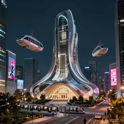 view of the futuristic church building in the downtown of the city at night by cyril rolando and naomi okubo and dan mumford and zaha hadid. flying cars. advertisements. neon. tram.