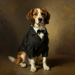 dog wearing a suit proudly posing for a portrait, centred, painted by rembrandt intricate ultra detailed painting atmospheric lighting golden hour