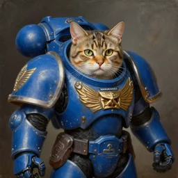 a portrait of a cat as a Space Marine from the Warhammer 40k, ultramarine space marine cat, blue armor, glorious, masterpiece painting by Rembrandt, Warhammer 40,000 Space Cat Marine