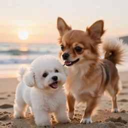 a photorealistic closeup photograph of a cute brown colored long haired chihuahua cocker spaniel dog plays with a smiling white bichon frise puppy on the beach. sunset, surf, brightly lit scene. fine detail. nice composition. 4 k hd unreal engine