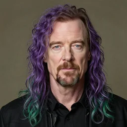 walter white with long purple green mix curly hair, dye