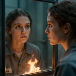 an ultra realistic, cinematic, close up portrait, of a young woman, looking in mirror at older self, fire, dramatic, soft light, dreamy, facial features, stood in a cell, with prison clothing, detailed, deep focus, movie still, dramatic lighting, ray tracing, by michal karcz and yoshitaka