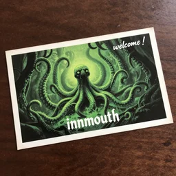 a vintage travel postcard on table, showing innsmouth, text welcome!, lovecraft, green and dark, evil, tentacles