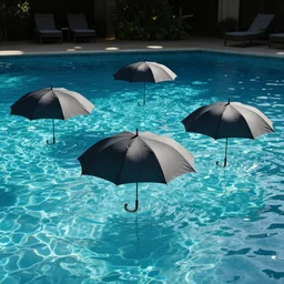 umbrellas floating on a swimming pool, by brad walls