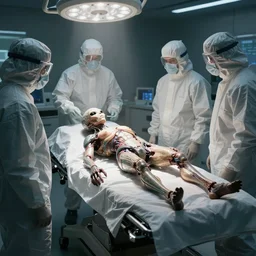 alien, laying on the surgery table, around staying scientists in biohazard suits, render, volumetric light, artstation, digital art