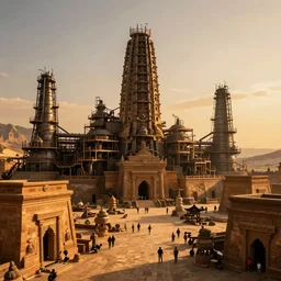 wide gamut color cinematic matte painting of professional white balanced flambient HDR golden hour real estate photography ancient acifi fantasy industrial manufacturing facility