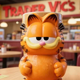 a closeup photorealistic photograph of an orange cat garfield style tiki mug at a trader vic's restaurant with garfield's face on the front. tiki party. bright scene. fine detail. this 4 k hd image is trending on artstation, featured on behance, well - rendered, extra crisp, features intricate detail, epic composition and the style of unreal engine.