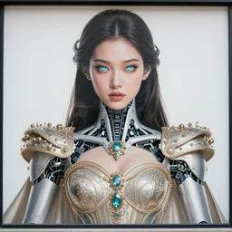 beautiful mural of the young cyborg empress, piercing glowing robot eyes, elegant, royal ornamental gown, striking composition, highly detailed ornate sci fi background, mural in the style of sandro botticelli, caravaggio, albrecth durer, 8k