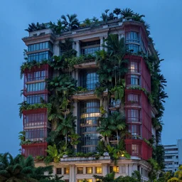 multistory building, full of tropical plants overgrowing, glass openings, red mesh in the facede, housing architecture, classical architecture, brutalist architecture, blue hour, trending on artstation, after rain, cinematic, intricate, by greg rutkowski, award winning