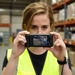 photo, close up, emma watson in a hi vis vest, in warehouse, android cameraphone, 2 6 mm,