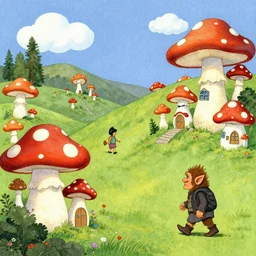 generic fairytale landscape with mushroom houses in the style of wimmelbilder, peyo and alexsandro palombo, a troll creature by John Bauer walking