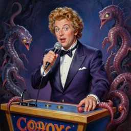 a photorealistic highly detailed painting of a vintage 1 9 9 0's game show host morphing into a beautiful worm creature by johfra bosschart, lisa frank, kinkade, visionary art, dark fantasy art, high detail, trending on artstation