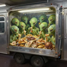 hyperrealism detail photo of subway garbage car full of aliens eating old food, deep displacement, back light, reflections, raytracing, raymarching, subsurface scattering, digital art, painted by bernie wrightson
