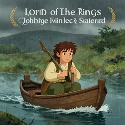 a beautiful hobbit boat sailing over a during rain, lord of the rings, cartoon, trending on artstation, award winning, moody light,