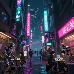 a beautiful concept art of cyberpunk 2 0 7 7 alleyway and futuristic tokyo neon, with people are working on cyber robotics creatures, by alena aenami and studio ghibli and alejandro burdisio, dark night, anime, manga, hyper detailed, vibrant, landscape, 8 k hdr, digital, artstation, cg