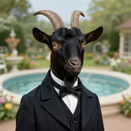detailed studio portrait of a black goat wearing a victorian gentleman suit in a beautiful victorian water garden, high quality by jeremy mann, only one head single portrait