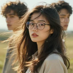 a beautiful young asian girl glasses, freckles, jeremy mann and alphonse mucha, photo realistic, dynamic lighting, windy, artstation, poster, dreamy, volumetric lighting, ethereal, 4 k, high detail
