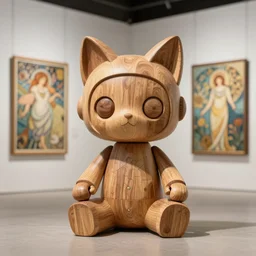 8k octane render ultra photorealistic detailed a wooden sculpture art toys wooden on feet very cute robot mythic with cat ears zen meditation a on contemporary art gallery and néo Paris by Alphonse Mucha and Artgerm