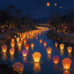 paper-lanterns glowing in many colors, floating in a river at night. beautiful digital detailed landscape painting, matte painting trending on artstation