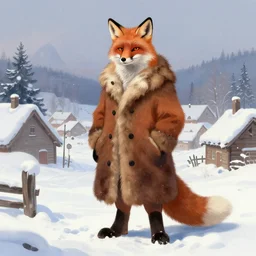 an anthropomorphic fox man wearing a long fur coat in a snowy village, character illustration by greg rutkowski, thomas kinkade, alphonse mucha, Bastien Lecouffe-Deharme