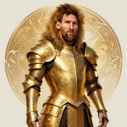 Lionel Messi wearing a beautiful golden armor, D&D, fantasy, intricate, elegant, highly detailed, digital painting, artstation, concept art, matte, sharp focus, illustration, art by Artgerm and Greg Rutkowski and Alphonse Mucha