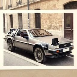 DeLorean parked next to 1910s car along a French boulevard, salted paper print