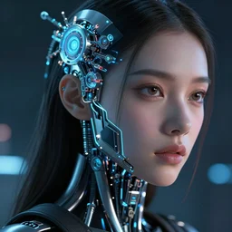 portrait of a cyberpunk beautiful young woman by Greg Rutkowski, close-up,biomechanical, very highly detailed, futuristic, digital engine, cinematic, 8k,luminous, Blade Runner mood