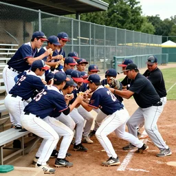 70mm photo of a youth baseball team trying to eat the bleachers, but the coaches are pulling them away