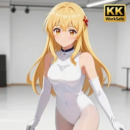 Worksafe. Pixiv manga Illustration,close-up blonde princess posing in empty photo studio,wearing white leotard,white elbow gloves,choker,pantyhose tights.Accurately shaped face, contour lines.Anime style at Pixiv,Danbooru and ArtStation,by krenz cushart,makoto shinkai,tony taka,ilya kuvshinov,shirow masamune,8K HD,clean image,high quality