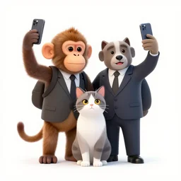 Monkey, cat, and dog in suits taking selfie.