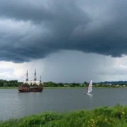a landscape with a lake, a pirate ship and a windsurf, thunderstorm and hail