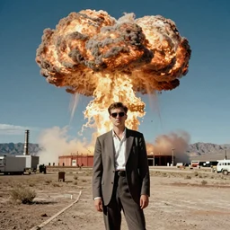 fashion editorial in Nevada nuclear test site. gigantic mushroom cloud explision. 1956. highly detailed. depth of field. high definition. 8k. photography.