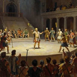 A closeup oil painting of a ancient roman stage show, by Greg Rutkowski, Frank Frazetta, Boris Vallejo, epic fantasy character art, olympus, Exquisite detail, post-processing, masterpiece, cinematic, Coliseum of Rome