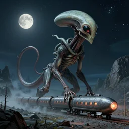 long organic alien weird David cronenberg rocket train train mountain starry moonlit night sky H.R. Giger, Charles Vess, Gilbert Williams amazing landscape digital art 4k