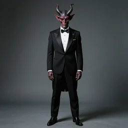 highly detailed full body portrait of a space demon in a tuxedo, by gottfried helnwein, by richard estes, studio lighting, sigma 8 5 mm f / 1. 4