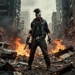 post apocalyptic city, revolutionary punk masked up punk, fire, damaged, trash, full shot, by jeremy mann