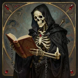A dark art nouveau painting of a skeleton sorcerer holding a big grimoire with chains by Darkchylde and Julia Yurtsev, Ruby insets, monstrous skull, muted colours, 4k, trending on artstation, pinterest, pixiv